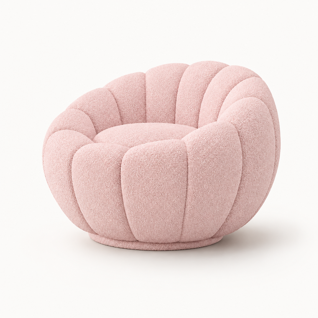 Baby pink sculptural bouclé chair