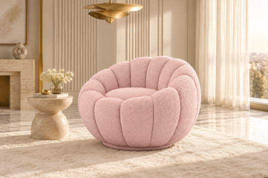 Baby pink sculptural chair in an elegant luxury interior
