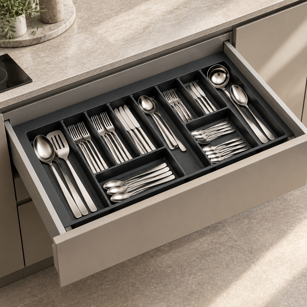 Black cutlery organiser filled with cutlery in an open 900 mm kitchen drawer