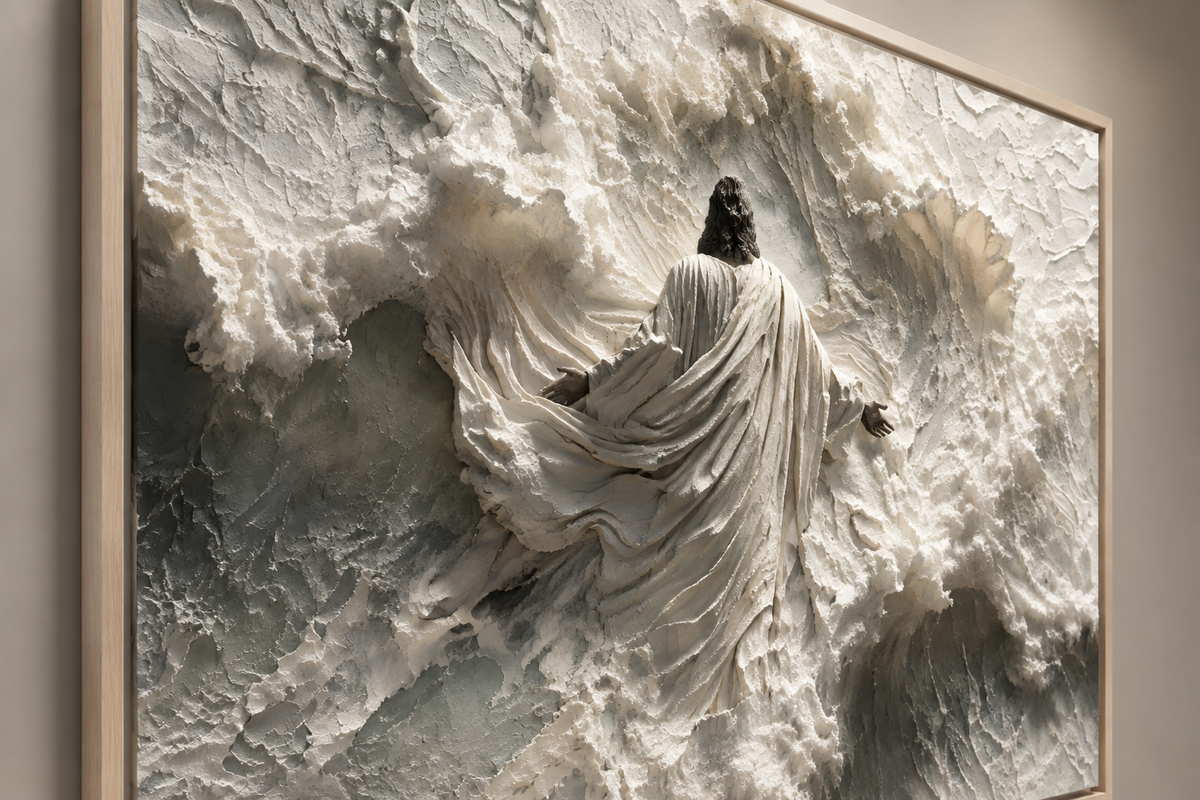 Close-up of textured 3D Jesus wall artwork