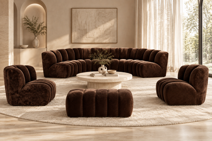 Complete deep chocolate channelled furniture set in a luxury living room