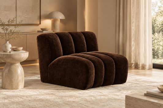 Deep chocolate Sienna armless lounge chair in a luxury living room