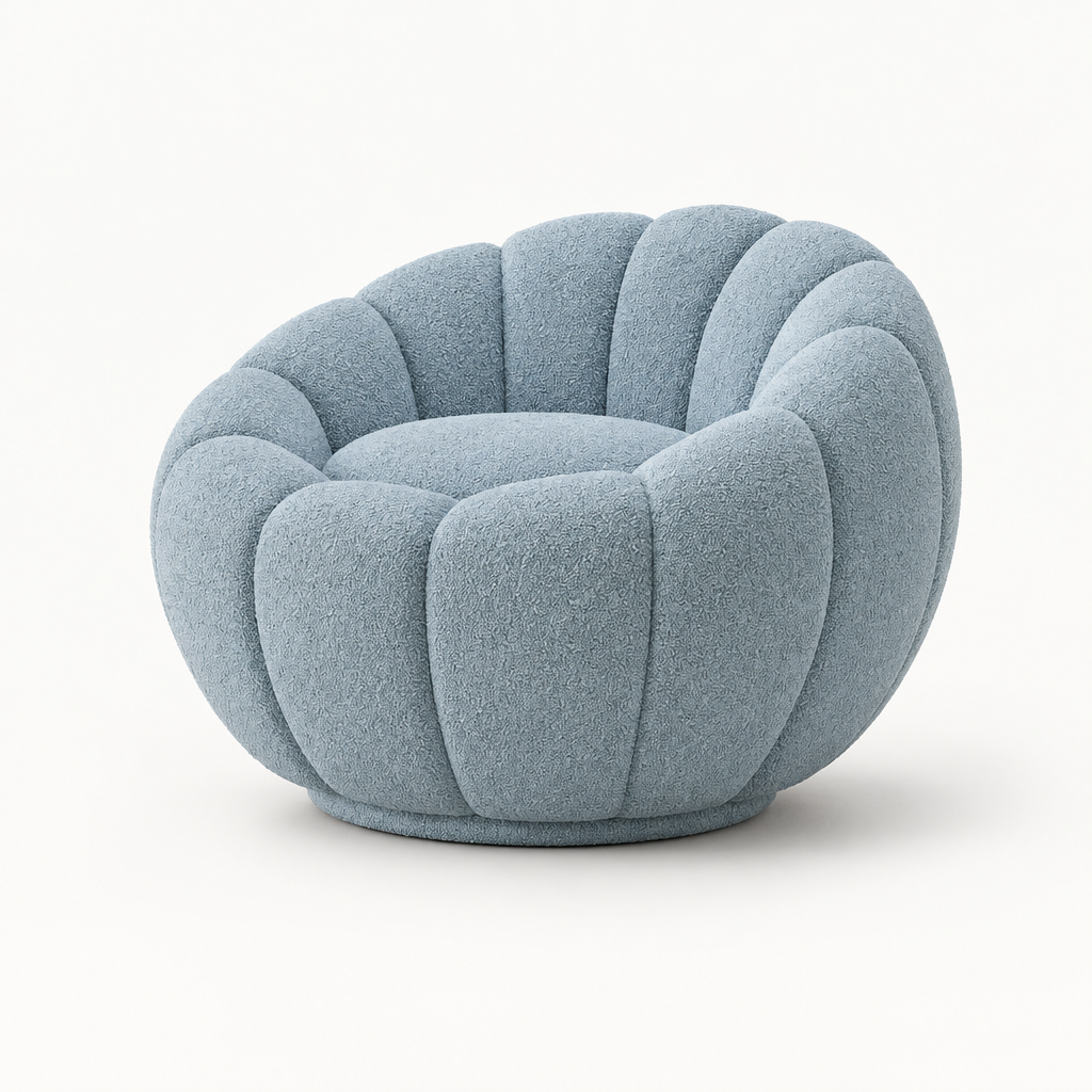 Dusty blue sculptural bouclé chair