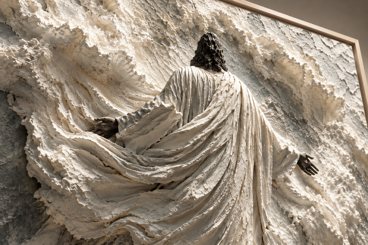 Macro detail of the sculpted Jesus artwork