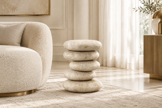 Stacked real-stone side table in an elegant luxury living room